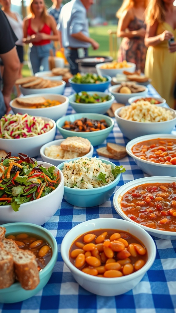A table filled with coleslaw, salad, potato salad, baked beans, and bread for a barbecue gathering.